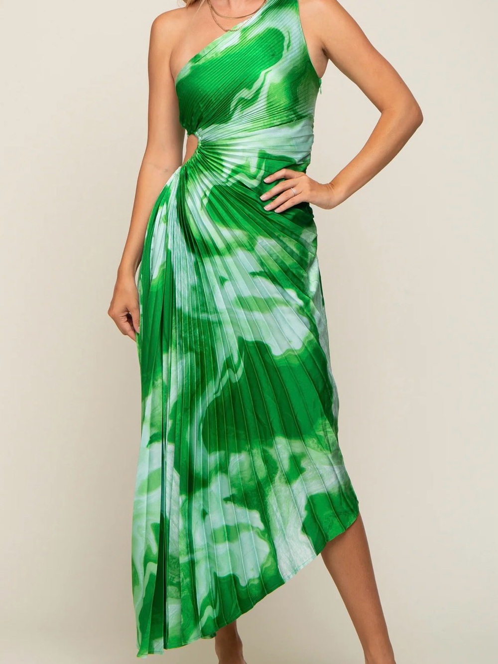 One-Shoulder Emerald Marble Pleated Dress